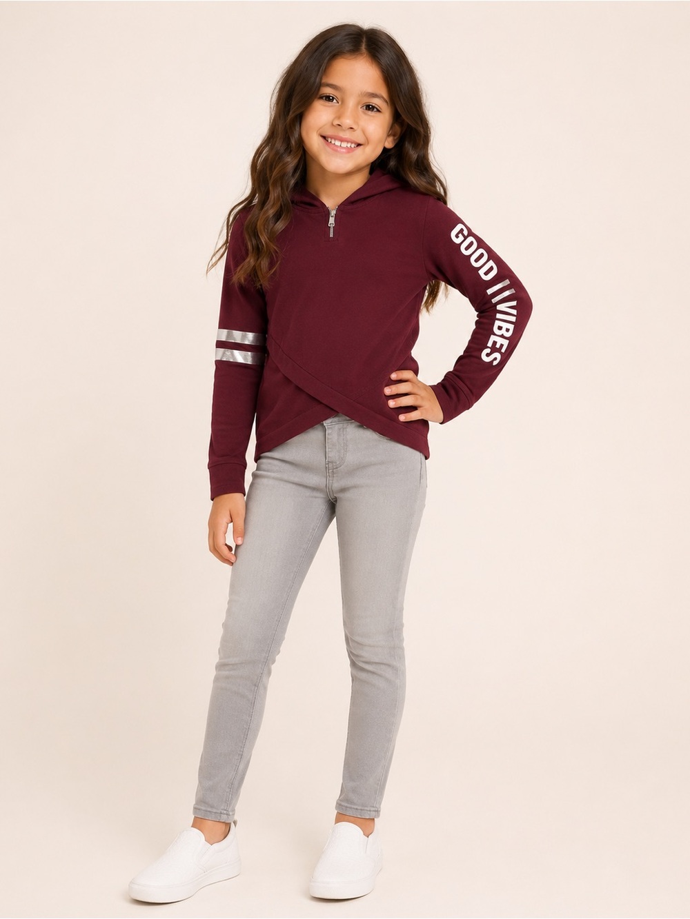 Girls' Maroon 'Good Vibes' Hooded Long Sleeve Top